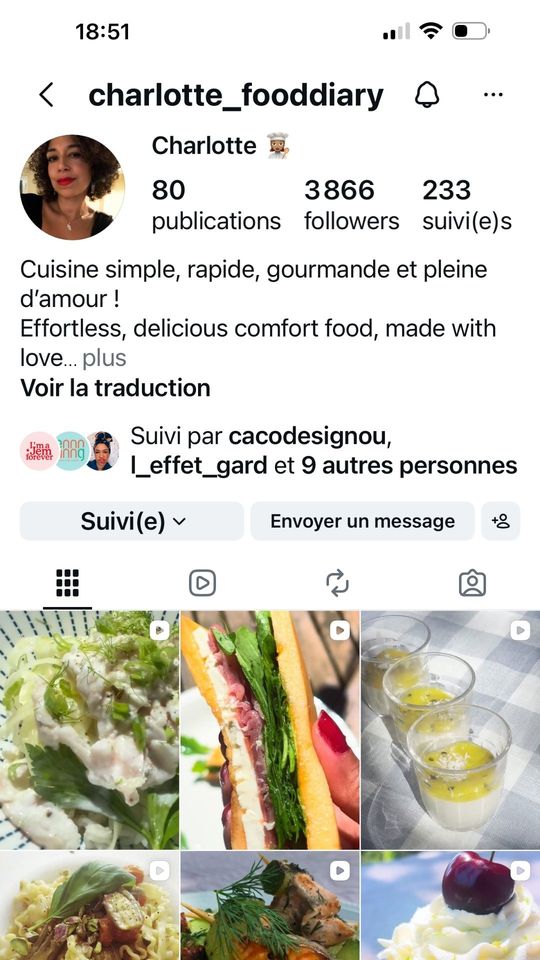 Compte Instagram de Charlotte, cuisine gourmande