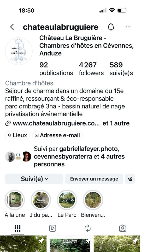 Compte Instagram du Château La Bruguière, chambres d'hôtes à Anduze